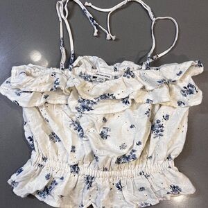 American Eagle Outfitters White and Blue Crop Top